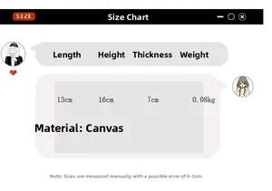Detailed size chart for canvas crossbody bag showing 13x16x7cm dimensions and fabric info