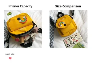 Detail view of yellow canvas crossbody bag showing internal capacity and size comparison