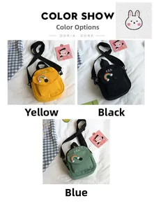 Detailed color show of mini canvas crossbody bags in yellow black and green with rainbow patches