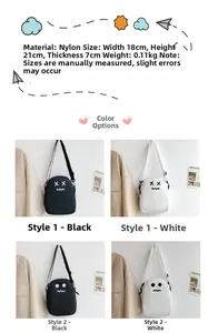 Detailed size specifications for a cute nylon cartoon crossbody bag with adjustable straps