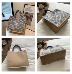 Detailed views of checkered canvas tote bag showing front, back, and side angles