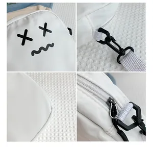 Detail shots of white canvas crossbody bag showing strap hooks, zipper, and stitching