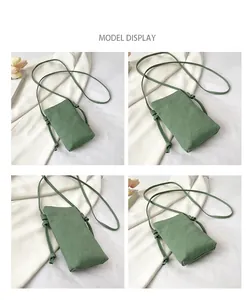 Multiple views of mini green canvas crossbody phone bag with knotted shoulder straps