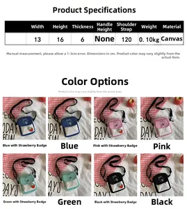 Detail view of mini canvas crossbody bags with rabbit prints and 13x16x6cm size specs