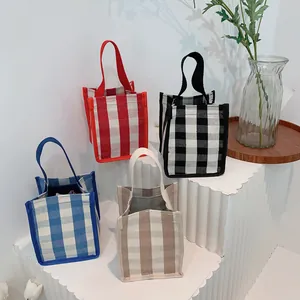 Mini Sac Fourre-Tout en Toile Décontracté pour Femmes à Carreaux Rayé Petit Sac à Main de Rangement Portable pour les Trajets Quotidiens