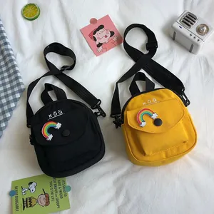 Cute Canvas Crossbody Bag For Women Teenagers Mini Square Bag With Rainbow Patch Letter Print Korean Casual Small Shoulder Bag