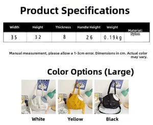 Detailed size specs for cute cat canvas tote bag featuring white yellow and black colors