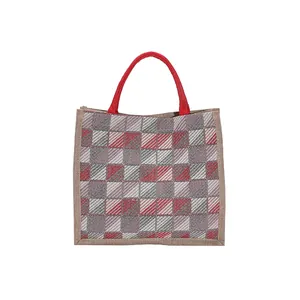 Large checkered canvas tote bag with red handles and stylish plaid pattern for women