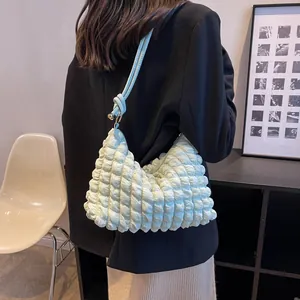 Chic light blue ruched puff shoulder bag with bubble texture and metallic bead detail