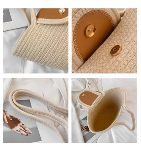 Détail du sac seau tissé avec rabat en cuir marron, perle et fermoir magnétique