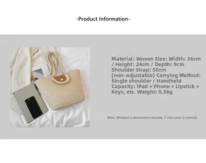 Spécifications détaillées de taille pour un sac seau tissé beige avec rabat en cuir