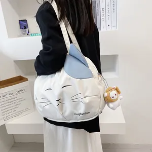 Japanese style cute cat canvas tote bag with large capacity and cartoon bear charm
