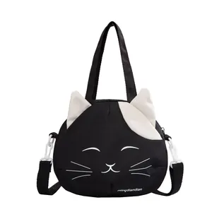 Cute black cat canvas tote bag with ears and adjustable strap for daily use