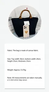 Canvas bucket tote bag with bear patch showing dimensions and size comparison