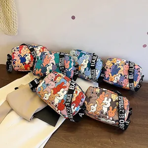Women Cartoon Rabbit Print Canvas Crossbody Bag Casual Versatile Small Square Shoulder Bag Zipper Closure Daily Handbag
