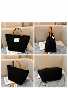 Multi-angle views of a canvas bucket tote bag with contrast handles and bear patch