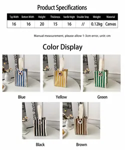 Detailed size chart for mini canvas tote bag showing dimensions and five color options