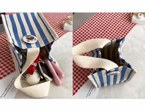 Blue and white striped canvas mini tote bag showing spacious storage for daily items