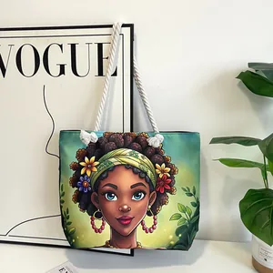 Borsa tote in tela con stampa donna africana verde e manici in corda bianca