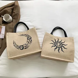 Bolsos tote de yute de gran capacidad con estampados de sol y luna y asas de cuerda