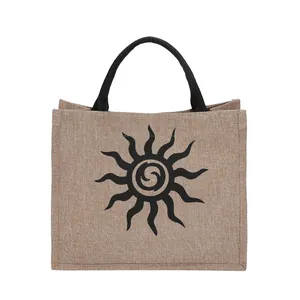 Bolso tote de yute de gran capacidad con diseño de sol negro y asas trenzadas