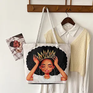 Borsa tote in tela bianca con illustrazione donna nera e manici in corda di cotone