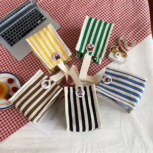 Striped Canvas Mini Tote Bag With Cartoon Brooch Small Portable Handbag For Women Daily Storage Casual Japanese Style Bag