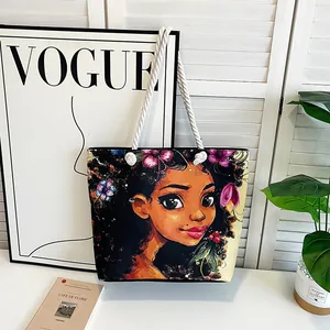Borsa tote in tela con illustrazione colorata e manici in corda bianca spessa
