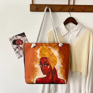 Borsa tote in tela con manici in corda e ritratto artistico di una donna africana