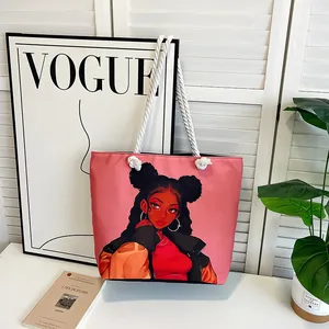 Borsa tote in tela rosa con illustrazione di donna africana e manici in corda bianca