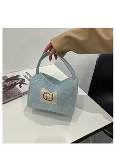 Dettaglio della borsa da trucco in velluto a coste azzurro con toppa a forma di orso