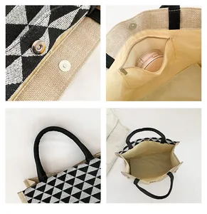 Detail view of jute tote bag featuring magnetic closure, zipper pocket, and geometric patterns