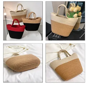 Detailed macro view showing the contrast stitching and texture of woven tote bags