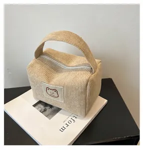 Dettaglio della borsa cosmetica in velluto a coste beige con toppa a forma di orso