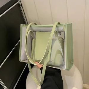 Damen Transparent PVC Einkaufstasche Große Kapazität Klare Handtasche Mit PU Leder Innentasche Sommer Strand Reise Schultertasche