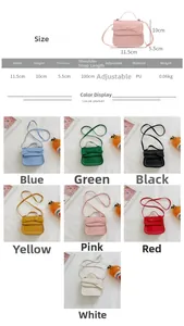 Detailed size chart for kids bow crossbody bag showing dimensions and seven color options
