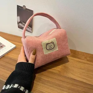 Borsa a Mano da Donna in Velluto a Coste Carina con Orso Cartone Animato Borsa Trucco Grande Capacità Borsa da Viaggio
