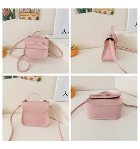 Detailed four-sided views of a pink mini crossbody bag with a cute bow for girls