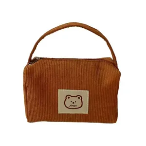 Beauty case in velluto a coste marrone con patch orso e grande capacità da viaggio