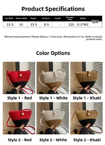 Size chart and dimensions for handmade woven straw crossbody bag with pearl details