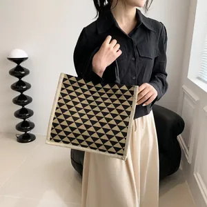 Japanese style linen tote bag with geometric triangle pattern for office and students