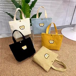 Koreaanse Stijl Corduroy Mini Handtas voor Dames Schattig Berenborduursel Kleine Tote Tas Casual Dagelijks Draagbaar
