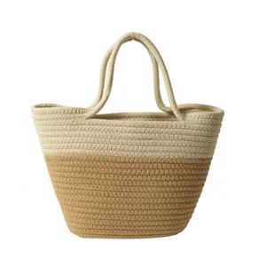 Handwoven large capacity straw beach tote bag with beige and brown two-tone color block design