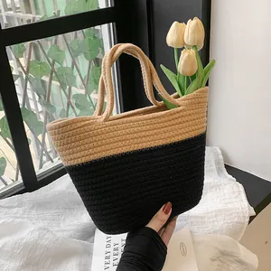 Fashion Woven Splicing Bucket Bag For Women Casual Handmade Straw Tote Bag Street Style Shopping Bag Vacation Beach Bag
