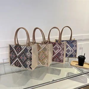 Women Vintage Ethnic Geometric Pattern Tote Bag Large Capacity Jute Canvas Handbag Casual Shoulder Bag For Daily Travel