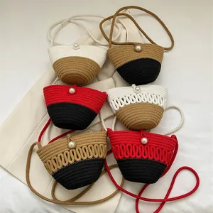 Women Summer Handwoven Straw Bucket Bag Contrast Color Handmade Artificial Pearl Buckle Small Shoulder Crossbody Beach Vacation Bag