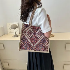 Ethnic style cotton linen tote bag with geometric woven patterns and rope handles