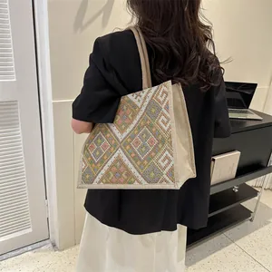 Ethnic geometric jacquard tote bag with colorful woven patterns and large capacity