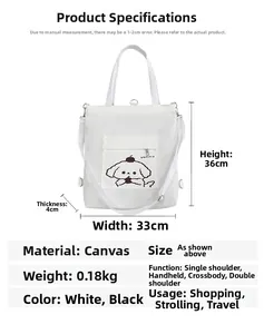 Détails du sac en toile blanche avec ses dimensions et ses sangles polyvalentes