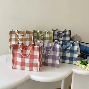 Sac Cabas En Toile Tricotée À Carreaux Vichy Grande Capacité Pour Femme Sac À Main Décontracté De Style Japonais Avec Fermoir Magnétique